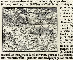 Nooan arkki ja vedenpaisumus, vuodelta 1550 Cosmographia; Kirjailija: Sebastian Munster (puupiirros)