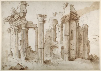 Minervan temppelin pylväsmäiset rauniot, Forum of Nerva, Rooma (kynä ja ruskea muste pesulla paperille)