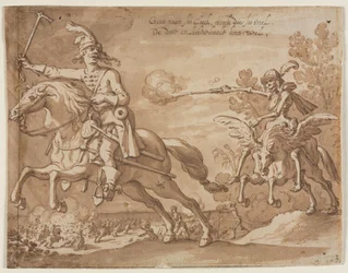Kuolema hevosen selässä jahtaamassa lentävää ritaria, 1631.