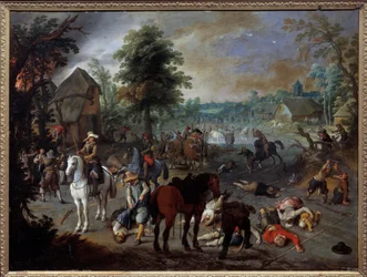 Ryöstökohtaus kylässä Sebastien Vrancxin (1573-1647) maalaus (ec.flam.) 1600-luvun Nimes, Kuvataidemuseo