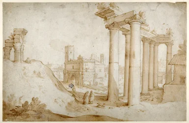 Forum Romanum, jossa on Tituksen ja Vespasianuksen temppeli, Saturnuksen temppeli ja Septimius Severuksen kaari (Kynä ja ruskea muste ruskealla pesulla, paperilla)