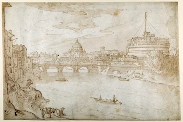 Tiber-näkymä kohti Pietarin kirkkoa, Vatikaanin palatsia ja Castel S. Angelo (kynä ja ruskea muste ruskealla pesulla valkoisella paperilla)