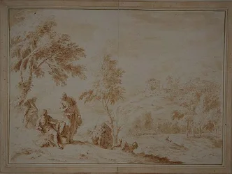 Laaja pastoraalinen maisema Hill-townilla, n. 1720 (ruskea muste ja pesu)