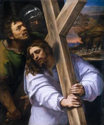 ""Christ portant sa croix"" (Kristus kantaa ristiä) Peinture de Sebastiano del Piombo (1485-1547) vers 1516 Koko 121x100 cm Museo del Prado, Madrid