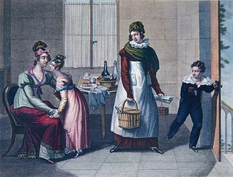 Lähtö kouluun, 1800-luvun alku (värilitografia)