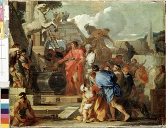 ""Keisari Augustus vierailee Aleksanteri Suuren haudalla Egyptin kampanjansa aikana" (Augustus ennen Aleksanteri Suuren hautaa) Sebastien Bourdonin (1616-1671) maalaus 1650-1660 su. 45,5 x 56,5 cm Eremitaaši, Pietari