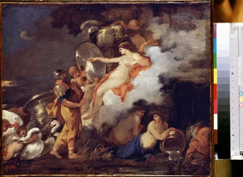"Venus ja Aeneas" (Venus ja Aeneas) Venus ilmestyy pojalleen Aenealle auttamaan häntä hänen matkallaan. Sebastien Bourdonin (1616-1671) maalaus 1650-1660 Mitat 45,5x54,5 cm Eremitaaši, Pietari