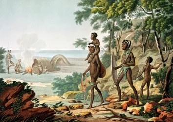 Port Jackson, New Holland: Aboriginaaliperhe, "Voyage Autour du Monde sur les Corvettes de L