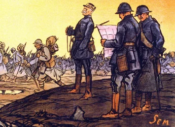Kenraali Ferdinand Foch (1851 - 1929) katselee joukkojensa marssivan taistelukentän halki. Yksityiskohta kansallista lainaa mainostavasta julisteesta "Viimeisen neljännestunnin ajan... auttakaa minua! Sem vastaanottaa kansallisen lainan merkintöjä"