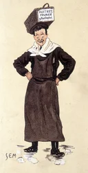 Ostereiden myyjä Prunier-myymälästä. Kromolitografia allekirjoitettu SEM (1863 - 1934).