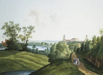 ""Maisema maatilalla Tsarskoje Selon puistossa"", kirjoittanut Semjon Fjodorovitš Shchedrin (Semion Chtchedrine) (1745-1804). Guassi ja muste paperille