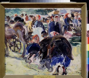 Messut (A Fair). Maakunnan markkinapaikka talonpoikaisten ja kauppiaiden kanssa. Semjon Gavrilovich Nikiforovin (1877-1912) maalaus öljy kankaalle