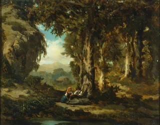 Figuras em madeira, de Serafino De Tivoli (1826-1892), óleo sobre tela, 30x38 cm, Barbizon Schoolfinnish