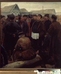 Tapaa maaseutuyhteisö. (Maayhteisön kokouksessa). Ryhmä venäläisiä talonpoikia tilojen edessä. Sergei Aleksejevitš Korovinin (1858-1908) teos, öljy paperille