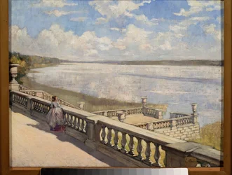 Aurinkoinen päivä, nainen kaiteessa - Sergei Arsenjevitš Vinogradovin (1869-1938) maalaus öljy kankaalle