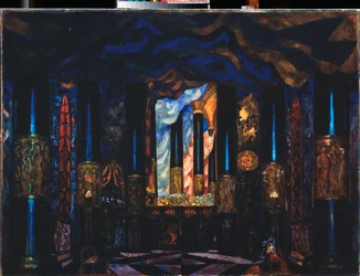 Valmisteleva sisustus Jacinto Benaventen (1866-1954) teatterinäytelmään "Elämän toisella puolella" (Lavastus J Benaventen teatterinäytelmään Elämän toinen puoli) - Sergei Jurievich Sudeykinin (Serge Soudeikine) teos ( 1882-1946), tempera s