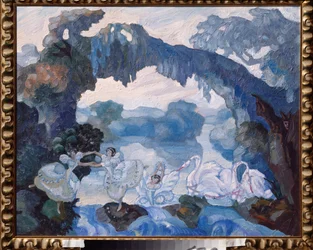 Valmisteleva sisustus Piotr Tšaikovskin (1840-1893) balettiin "Le Lac des Cygnes" (lavasuunnittelu Tšaikovskin balettiin Joutsenjärvi) - Sergei Sudeykinin (Serge Soudeikine) (1882-1946) teos, öljy pahvi