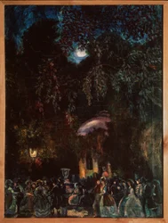 Espanja. (Vapaa-aika, yrityskävely kadulla, ilta). Sergei Jurievich Sudeykin (Serge Soudeikine) (1882-1946) maalaus, öljy kankaalle, noin 1910. Venäläistä taidetta, 1900-luku. Valtion historian, arkkitehtuurin ja taiteen ulkoilmamuseo, Psko