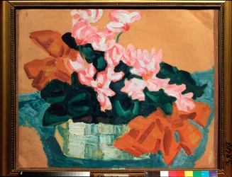 Fleurs, Nature morte (Kukat, asetelma) - Sergei Jurievich Sudeykin (Serge Soudeikine) (1882-1946) työ, öljy pahville - venäläinen taide, modernismi, jugend, 1900-luku - Valtion yhdistynyt taidemuseo, Kostroma (Venäjä)
