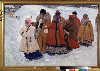 Perhe. Venäläinen perhe kävelee takkeissa lumessa. Sergei Vasilyevich Ivanovin (1864-1910) maalaus öljy kankaalle