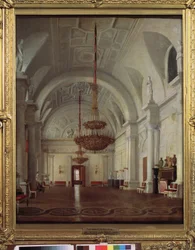Näkymä Talvipalatsin Valkoisesta salista Pietarissa. Sergei (Sergei, Sergei) Konstantinovich Zaryankon (Zarianko) (1818-1870) maalaus öljy kankaalle. venäläistä taidetta
