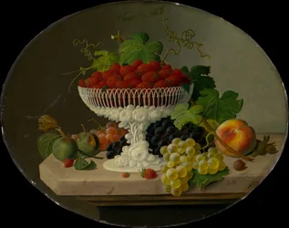 Asetelma mansikoiden kanssa kompotissa, 1865-70.