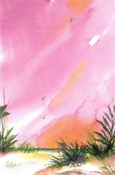 Vaaleanpunainen auringonlaskun ranta
