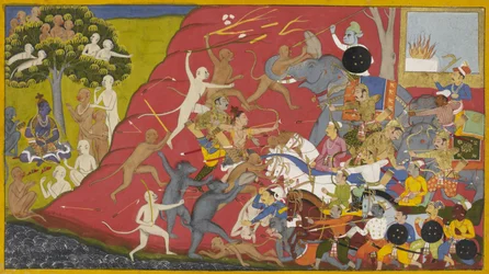 Apinat ja demonit taistelevat Nikumbhilan metsikössä, Indrajitin uhrituli on vartioimatta.
