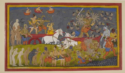Rāma tappaa Rāvaṇan Brahmā-aseella; taivaalliset iloitsevat ja Vibhīṣaṇa osoittaa kunnioitusta.
