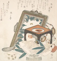Kehystetty maalaus, pieni teline, jossa viinikuppi ja astia kalalla, 1800-luku, 1800-luku.