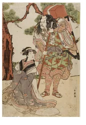 Kabuki-kohtaus, jossa näyttelijä on yamabushi-vuoristopappi, jolla on selässään kiertävä alttari.