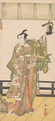 Arashi Sangoro samuraina, joka seisoo suuren talon verannalla, 1774 tai 1775.