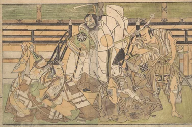 Neljä näyttelijää tunnistamattomissa rooleissa, 1700-luvun loppu.