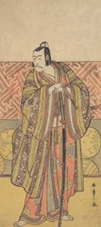 Ichikawa Danjuro V: Kudo Suketsune, rikkaasti pukeutunut, miekkaansa nojaten, 1700-luvun loppu.