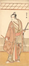 Näyttelijä Ichikawa Danjuro V samuraina pukeutuneena purppuraiseen haoritakkiin, n. 1778.