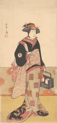 Näyttelijä Iwai Hanshiro IV naisena mustassa kimonossa, noin 1780.