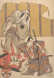 Näyttelijät Ichikawa Danjuro I oikealla 1660-1704 ja Nakamura Denkuro II..., 1700-luvun loppu.