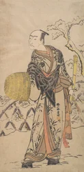 Ensimmäinen Nakamura Nakazo Komusona seisoo lumessa aidan vieressä, n. 1775.