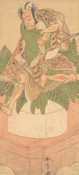 Neljäs Ichikawa Danjuro Yakko-palvelijana, joka istui Suuren Mochi-kakun päällä..., 1772.