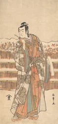 Toinen Ichikawa Monnosuke korkea-arvoisena miehenä seisovana lumessa, n. 1786-87.