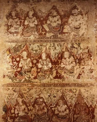 Seinämaalauksia, joissa näkyy taivaallisia jumalia 1700-luvun alun Ayutthaya-kaudelta (maali kivelle)