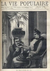 Mies polvillaan pitää tyylikkään naisen kädestä, istuu porvarillisessa olohuoneessa, päällään takki, hiha ja turkishuivi. Kuvitus Le Seducteur par Gyp (Sibylle Gabrielle Marie Antoinette Riquetti de Mirabeau, Martel d:n kreivitär)