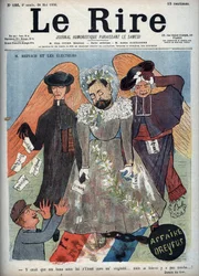 Dreyfusin tapaus - M. Reinach ja äänestäjät - Satiirisen lehden "" Le Lire" kansi, joka edustaa Joseph Reinachia (1856-1921) ranskalaista kirjailijaa ja poliitikkoa, joka puolusti Alfred Dreyfusta (1859-1935) Dreyfusin tapauksessa - piirroskuva Gyp (Sibyl