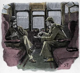 Silver Blaze: Sydney Pagetin kuvitus Sherlock Holmes -seikkailuun. Kuuluisa salapoliisi on kuvattu junassa tohtori Watsonin kanssa. Julkaistu "The Strand Magazine" -lehdessä. Conan Doylen kertomus. 1892.