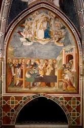 Neitsyen elämä: "" Neitsyen kuolinsyy ja taivaaseenastuminen"" Sienan koulun fresko (1300-luku) Pyhän Benedetton luostari (Sacro Speco), Neitsyt a Subiacon kappeli (Rooma), Italia