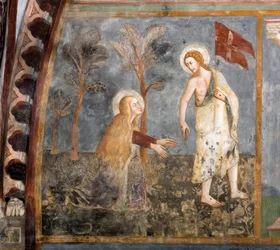 Noli me tangere (Älä koske minuun). Sienan koulun fresko. 1300-luvulla. Ylempi kirkko. Pyhän Benedetton luostari (Sacro Speco), Subiaco (Rooma), Italia