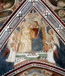 Neitsyen kruunaaminen. Neitsyen kappelin fresko, jonka toteutti 1300-luvun sienalainen koulukunta. Pyhän Benedictuksen luostari (Sacro Speco), Subiaco (Rooma), Italia