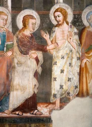 Apostoli Thomas Detailin epäuskoinen. Sienan koulun fresko. 1300-luvulla. Ylempi kirkko. Pyhän Benedetton luostari (Sacro Speco), Subiaco (Rooma), Italia