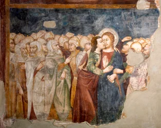 Juudaksen suudelma. Sienalaisen koulukunnan fresko. 1300-luku. Ylempi kirkko. Pyhän Benedictuksen luostari (Sacro Speco), Subiaco (Rooma), Italia