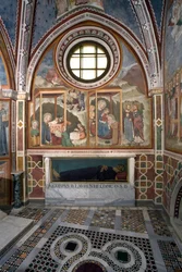 Sienan Magi Fresco Schoolin syntymä ja palvonta. 1300-luvulla. Neitsyt kappeli. Pyhän Benedetton luostari (Sacro Speco), Subiaco (Rooma), Italia